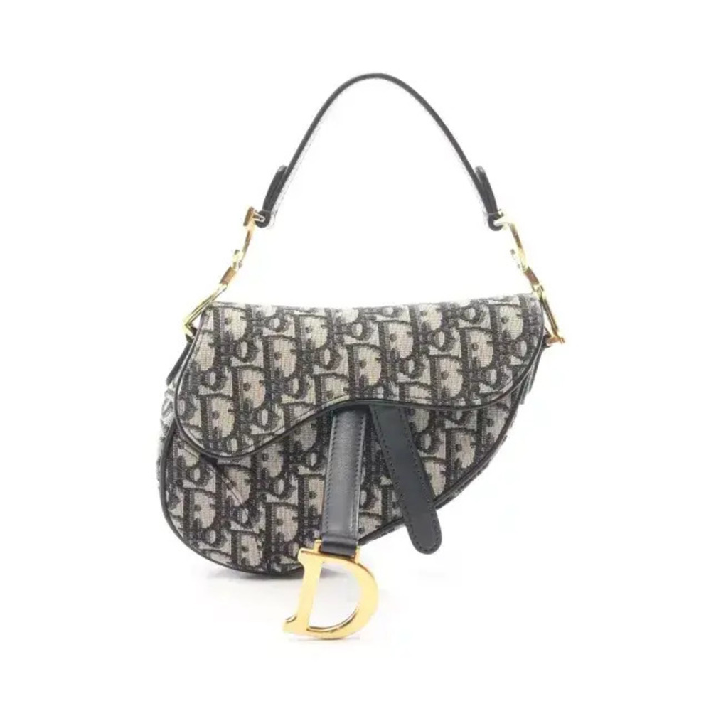 Christian Dior Saddle Bag Oblique Handbag Canvas Leather Navy Blue Beige